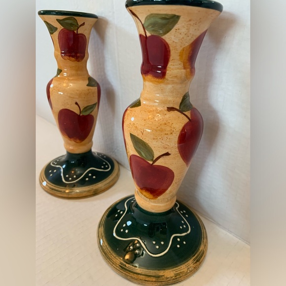 Ceramic Apple Candle Stick Holders Set of 2 Country Cottage Kitchen - Picture 2 of 8